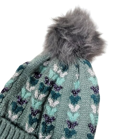 Unbranded NWT Knitted Pom Pom Beanie Hat Textured Pattern Faux Fur Top Women - Picture 3 of 5